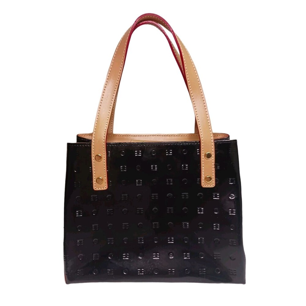 Arcadia Tan & Black Patent Leather Monogram Small Satchel Bag Handbag Tote Italy
